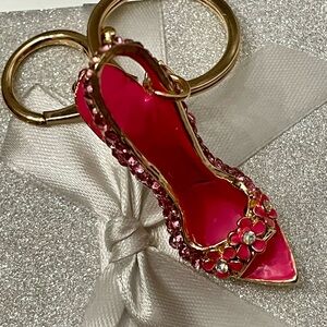 NWT RED/PINK ENAMEL RHINESTONE CRYSTAL HIGH HEELED SANDAL BAG CHARM KEY CHARM